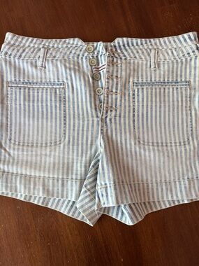 Pilcro and the Letterpress Blue and White Striped High-Waist Button Shorts